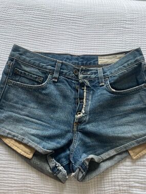 rag & bone Distressed Blue Denim Button-Front Shorts